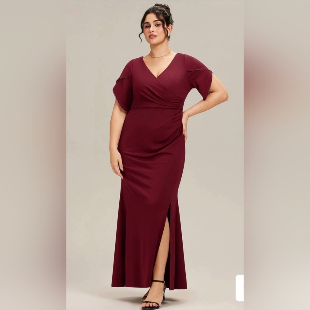 Burgundy V-Neck Maxi Dress, Tulip Sleeves, Adjustable Side Slit Sz 16 - Picture 4 of 14
